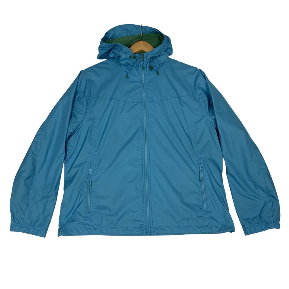 L.L. Bean Trail Model Rain Jacket Womens Large Light Blue Hooded Windbreaker